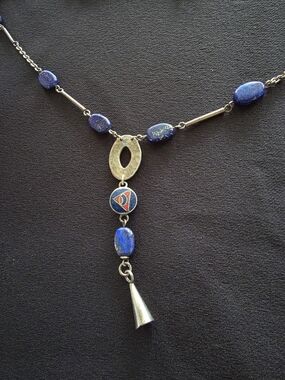 Vtg Lapis Blue Pebble Stone Necklace Silver Lariat Y-Drop Enamel Triangle